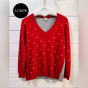 J.CREW Red Gold Polka Dot Sweater Grey Back V-Neck XL